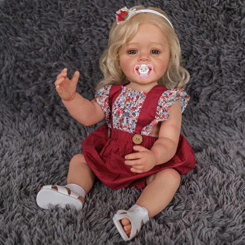 MineeQu 55CM lebensechte süße lächelnde verwurzelte Blonde Haare Silikon-Vinyl-Ganzkörper-Reborn-Babypuppen Realistische Neugeborene Kleinkind Dolls Spielzeug Geschenkset für Mädchen ab 3 Jahren von MineeQu