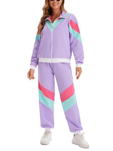 Minetom 80er Jahre Outfit Karneval Kostüm Damen Retro Trainingsanzug Disco Jogginganzug Mottoparty Faschingskostüme Jacke und Hose Zweiteiler Set Sport Freizeitanzug A01 Violett XXL Minetom 80er Jahre Outfit Karneval Kostüm Damen Retro Trainingsanzug Disco Jogginganzug Mottoparty Faschingskostüme Jacke und Hose Zweiteiler Set Sport Freizeitanzug A01 Violett XXL von Minetom