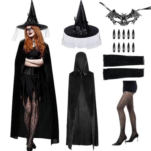 17-in-1-Kostüme für Erwachsene, Hexenkostüme für Damen, Hexenkostüm, Halloween-Zubehör, Erwachsene, Hexenhut, schwarzer Umhang, Netzstrümpfe, Hexenkostüm für Damen, Weltbuchtag-Outfits von Mineup