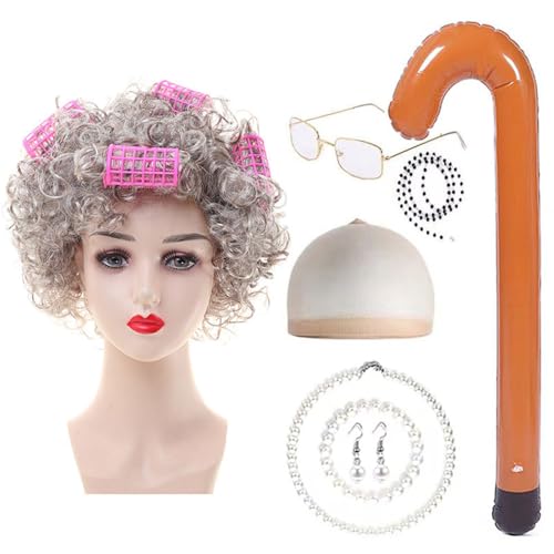 Kostüm für alte Dame, 13-teiliges Kostüm für alte Dame, inklusive Oma-Perücke, Perlenkette, Ohrringe, Armband, Stock, Lockenwickler, Brille für Halloween, Weltbuchtag, Maskerade, Karneval, Gras Kostüm für alte Dame, 13-teiliges Kostüm für alte Dame, inklusive Oma-Perücke, Perlenkette, Ohrringe, Armband, Stock, Lockenwickler, Brille für Halloween, Weltbuchtag, Maskerade, Karneval, Gras von Mineup