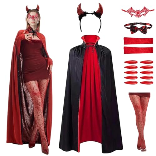 Mineup 17 in 1 Packung Deluxe Damen Kostüm Set, Hexenkostüm Halloween Zubehör Erwachsene, Hexenkostüme Erwachsene Frauen mit Premium Zubehör für Maskeraden und Mottopartys, Rot von Mineup