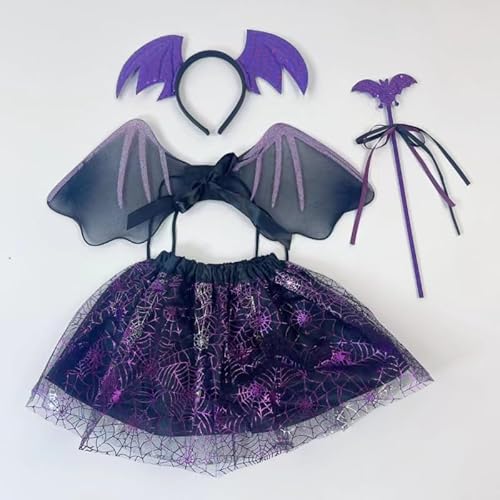 Mineup 4 Stück Fledermaus Kostüm Kinder Mädchen, Halloween Fledermaus Kostüm Mädchen, Halloween Kostüm Kinder mit Haarreif, Flügel und Zauberstab für 3-8 Jahre für HalloweenKarneval Cosplay Party von Mineup