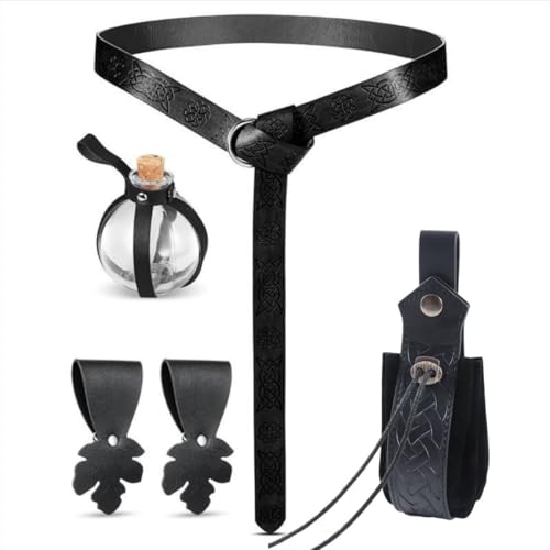 Mineup 5pcs Halloween Nekromanten Anzug, Mittelalter Gürtel, Mittelalter Kleidung Herren Damen, Mittelalter Accessoires Set mit Mittelalter Tasche und Zaubertrank Flasche für Cosplay Wikinger Kostüm von Mineup