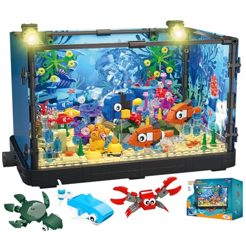Mineup Aquarium Fish Tank Bauspielzeug mit LED Licht, 788 Teile Aquarium-Baustein, Einschließlich Meeresquallen, Fischen, Tierbauspielzeug, Aquarium Kinder für Jungen im Alter von 8–12 Jahren von Mineup