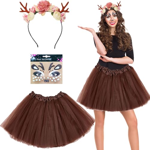 Mineup Damen Geweih Kostüm, Reh Kostüm Damen, Rentier Karneval Damenkostüm, Rentier Kostüm mit Tüllrock Kaffee Tutu Rock, Haarreif, Rentier Gesicht Tattoos für Fasching Karneval Cosplay Mottoparty von Mineup