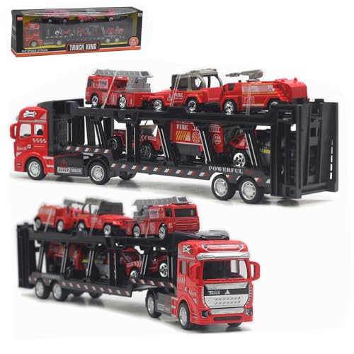 Mineup Feuerwehrauto Spielzeug, Feuerwehr Autos Spielzeug, Transporter für Feuerwehr Fahrzeuge, 5 Mini Metall Auto Spielzeugset Einsatzfahrzeug Kinder Autos Spielzeug ab 2 3 4 5 Jahr Kinder von Mineup