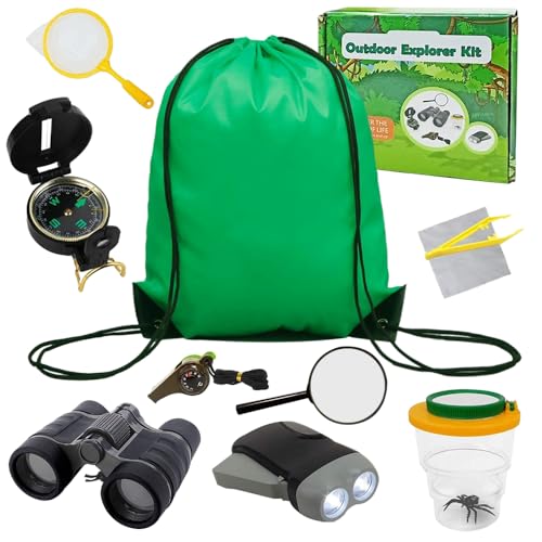 Mineup Forscherset für Kinder, 10 Stück Entdecker Set, Fernglas für Kinder, Becherlupen für Kinder, Kompass,Becherlupe,Pinzetten, Outdoor Entdeckerspielzeug für Kinder Camping 4 5 6 7 8 Jahre von Mineup