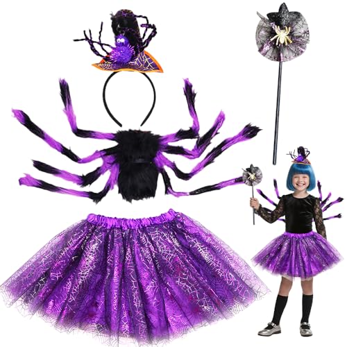 Mineup Hexenkostüm Kinder, Kostüm Spinne Kinder Mädchen mit Fledermaus Tutu, Haarreif, Zauberstab, Spinnenrucksack Spinne für 4-10 Jahre für Halloween Cosplay Karneval von Mineup