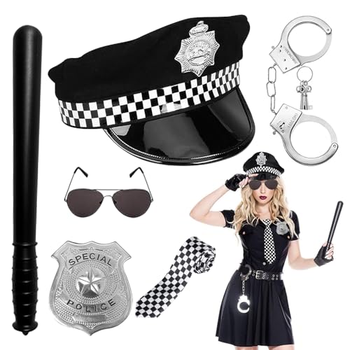 Mineup Polizei Zubehör Set, 7 Stück Polizei Kostüm Damen, Polizei Kostüm Zubehör, mit Polizei Mütze, Handschellen, Polizeimarke, Krawatte, Pilotenbrille, Baton für Cosplay Mottoparty Karneval Mineup Polizei Zubehör Set, 7 Stück Polizei Kostüm Damen, Polizei Kostüm Zubehör, mit Polizei Mütze, Handschellen, Polizeimarke, Krawatte, Pilotenbrille, Baton für Cosplay Mottoparty Karneval von Mineup