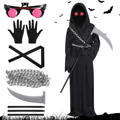 Mineup Sensenmann Kostüm Herren,7er Halloween Kostüm Sensenmann(160 cm), Grim Reaper Kostüm Erwachsene, leuchtenden Augen, Sense, Halloween Kostüm für Cosplay Halloween Party von Mineup