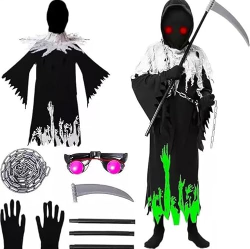 Mineup Sensenmann Kostüm Kinder, Halloween Kostüm Kinder Sensenmann 110-130 mit Sense Glühende Augen & Taillenkette, Leuchtend Sensenmann Kostüm für 5-10 Jahren für Halloween,Karneval,Fancy Mineup Sensenmann Kostüm Kinder, Halloween Kostüm Kinder Sensenmann 110-130 mit Sense Glühende Augen & Taillenkette, Leuchtend Sensenmann Kostüm für 5-10 Jahren für Halloween,Karneval,Fancy von Mineup