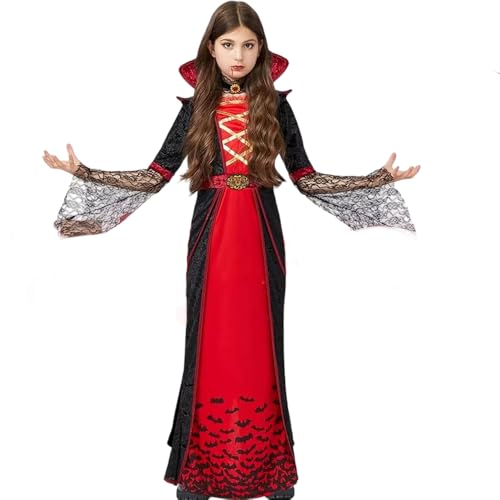 Mineup Vampir Kostüm Mädchen, Halloween Vampir Kostüm Kinder, Kinder Vampirkönigin Kostüms, Vampirkostüm Mädchen, Disfraces Halloween Niña für Carnival Karneval Cosplay, L (130-145CM) von Mineup
