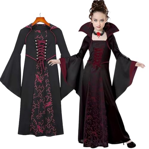 Mineup Vampir Kostüm Mädchen, Halloween Vampir Kostüm Kinder, Kostüm Mädchen mit Rose, Maske, Kleid Verkleidung, Verkleidung Kinder für Halloween Carnival Karneval Cosplay,130CM von Mineup