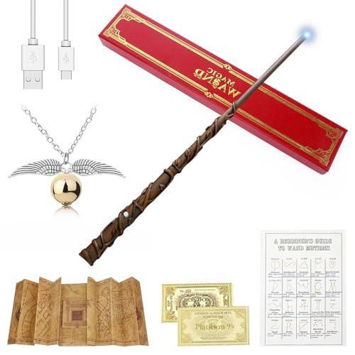Mineup Zauberstab 37CM aus Harz Mit Licht, Zauberspruchblatt, Halskette Stationsticket - Wizarding World Requisite für Hexen und Magier Cosplay de Halloween von Mineup