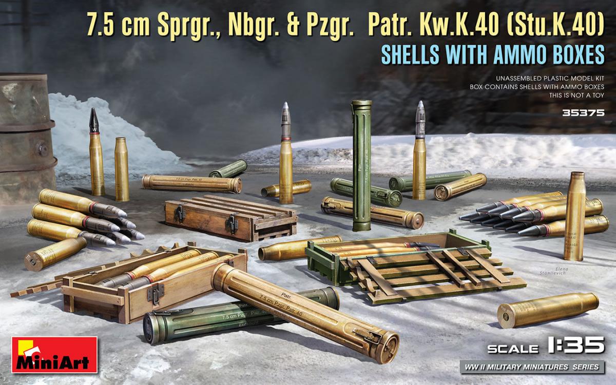 7.5 cm Sprgr., Nbgr. & Pzgr. Patr. Kw.K.40 (Stu.K.40) Shells with Ammo Boxes von Mini Art