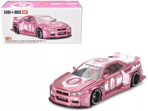 True Scale Miniaturen Modellauto Kompatibel mit Nissan Skyline GT-R (R34) Kaido Racing Factory V1 Pink 1/64 Druckguss Modellauto Kaido House KHMG128 von Mini GT Models