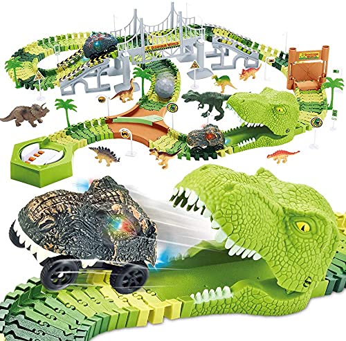 174 Stück Rennstrecke Spielzeuge Flexible Zugbahnen mit 8 Dinosaurier-Figuren,2 elektrische Rennauto-Fahrzeuge Spielset mit Lichtern Weltrennens für Kleinkinder,Kinder,Jungen von Mini Tudou