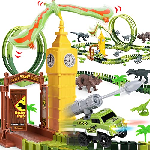 Dinosaurier Spielzeug Rennstrecken mit Flexibler 360-Grad-Schleife & Balance Dinosaurier,Enthält 10 Dinosaurier Figuren,Elektrisches Rennauto,Dinosaurier Autorennbahn für Kinder Kleinkinder Jungen von Mini Tudou