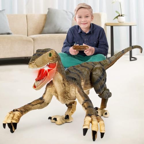 Fernbedienung Dinosaurier Spielzeug,Elektronisch Gehender Velociraptor mit LED-Beleuchtung&Realistische Simulation Geräusche,2,4 GHz Velociraptor Spielzeug,Beste RC Dinosaurier Geschenke für Kinder von Mini Tudou