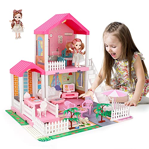 Mini Todou Puppenhaus Traumhaus für Mädchen, Puppenhaus mit Licht, Spielmatte und Puppen, DIY BAU Spiel Haus mit Accessoires Möbel und Haushalt Zubehör, Spielhaus für Mädchen 3-12 Jahre von Mini Tudou
