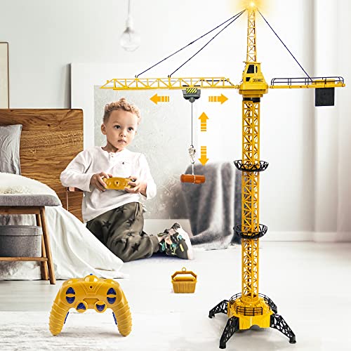 Mini Tudou 128 cm hohe 2,4 Hz Ferngesteuerte Turmkran,6 Kanäle Radio Kontrolle Konstruktion RC Kran Spielzeug 680 Grad Rotation Aufzug Model mit Turm Licht und Geräusche für Kinder Junge von Mini Tudou