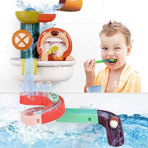 Mini Tudou Badespielzeug für Kinder,Löwe Badewannenspielzeug mit Blasenmaschine,Bad Wasserfall Spielzeug mit DIY Wasserrutsche,Ball,Tasse,Löwe Seifenblasenmacher,Baby Dusche Spielzeug für Kleinkinder von Mini Tudou