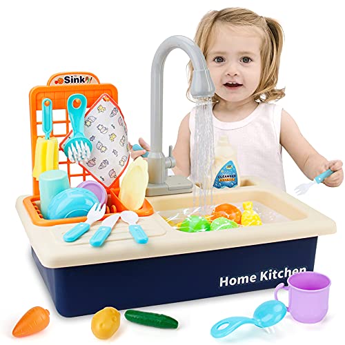 Mini Tudou Küchenspielzeugset mit funktionierendem Wasserhahn,Spülbecken-Spielzeug-Set Elektronisches mit neuem, Rollenspiel für Mädchen,Kleinkinder und Jungen(blau) von Mini Tudou