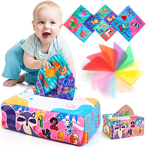 Montessori Spielzeug ab 6 Monate,Baby Spielzeug Tissue Box mit 3 Knisterpapier & 12 Bunte Schals,Lehrreich Vorschule Lernen, Sensorisches Spielzeug mit Karikatur & Alphabet für Baby Neugeborene von Mini Tudou