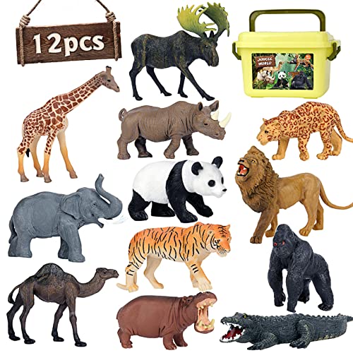 Mini Tudou Safari Tiere Spielfiguren, 12 Stück Realistische Jumbo Wild Jungle Tiere Figuren,Tierpark Spielset mit Löwe, Elefant, Giraffe, Tier Lernspielzeuf aus Plastik für Kinder Jungen udn Mädchen von Mini Tudou