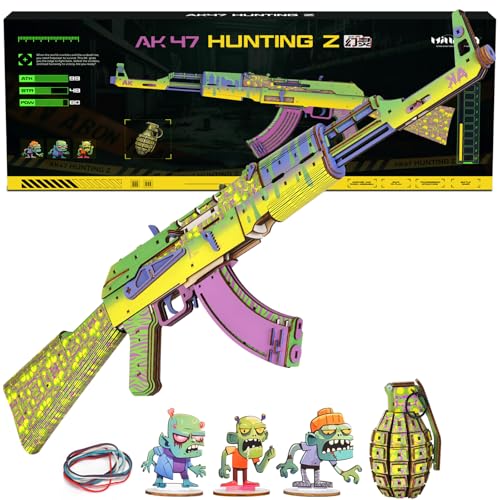 MiniCity 3D Puzzles für Erwachsene, Holz 3D Puzzle Modell Gummiband Pistole Spielzeug Baukästen, DIY Holzhandwerk Cooles Spielzeug Hobbys für Männer Frauen, kreative Montage Geschenke (AK47 Hunting Z) von MiniCity
