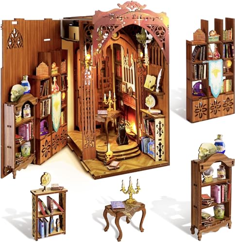MiniCity Book Nook Kit, DIY Miniatur Puppenhaus Booknook Kit, 3D Holz Puzzle Buchstütze Bücherregal einfügen Dekor mit LED-Licht für Jugendliche und Erwachsene (Magic Library) von MiniCity