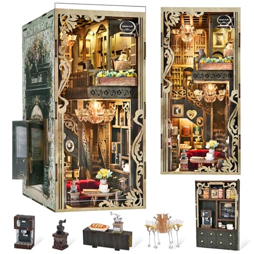 MiniCity Book Nook Kit, DIY Puppenhaus Buchecke, Miniatur-Kit für Bücherregal, Puppenhäuser für Erwachsene, Teenager, Halloween, 3D-Holzpuzzle-Buchstützen mit LED-Licht und Staubschutz (Saisons Café) von MiniCity