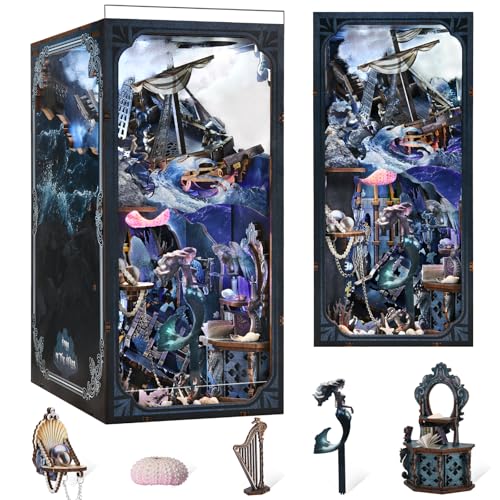 MiniCity Book Nook Kit, DIY Puppenhaus Buchecke, Miniatur-Kit für Bücherregal, Puppenhäuser für Erwachsene, Teenager, Halloween, 3D-Holzpuzzle-Buchstützen mit LED-Licht und Staubschutz (Sirens Song) von MiniCity
