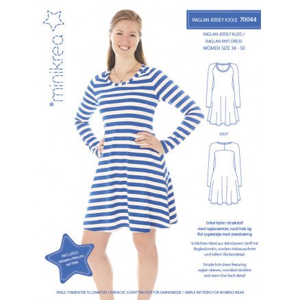 MiniKrea Schnittmuster 70044 Raglan Jersey Kleid - Papiervorlage Größe 34-50 von MiniKrea