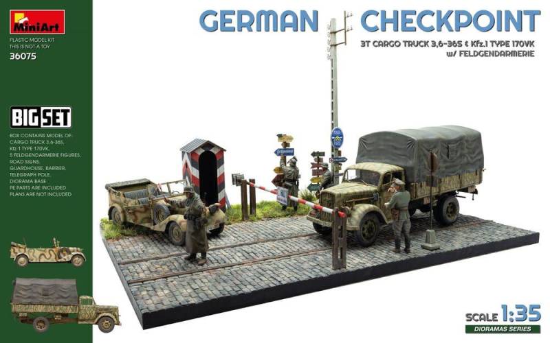 German Checkpoint. 3t Cargo Truck 3,6-36S & Kfz.1 Type 170VK w/ Feldgendarmerie - Big Set German Checkpoint. 3t Cargo Truck 3,6-36S & Kfz.1 Type 170VK w/ Feldgendarmerie - Big Set von Miniart