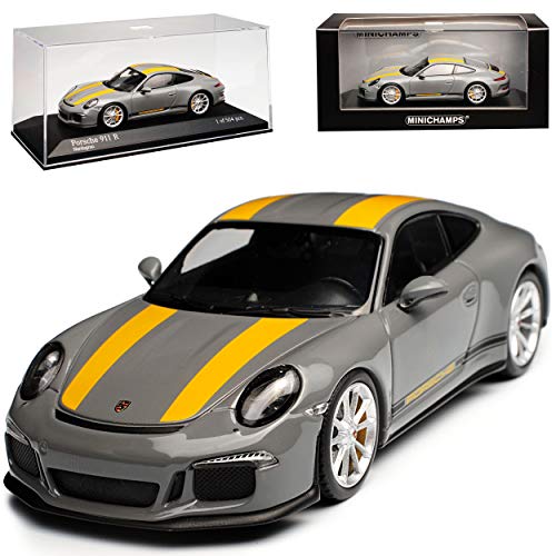 Minichamps Porsche 911 991 R Grau mit Gelb Modell ab 2011 Ab Facelift 2015 limitiert 1 von 504 Stück 1/43 Modell Auto mit individiuellem Wunschkennzeichen von Minichamps