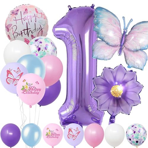 1 Jahre Set - Zahl Folienballon，22 Stück Blau Lila Geburtstagsdeko，Schmetterling Blumen Ballon，Kindergeburtstag Party Deko Zahl 1 Luftballon für Mädchen Jungen Geburtstags Festival Party Dekoration von Minicloss