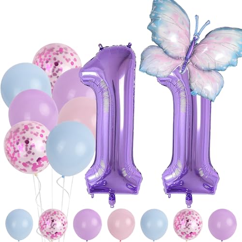 11 Jahre Set - Zahl Folienballon，Tiere Deko，Blau Lila Geburtstagsdeko Schmetterling Deko，Kindergeburtstag Party-Deko Zahl 11 Luftballon für Mädchen Jungen Geburtstags Festival Party Dekoration von Minicloss