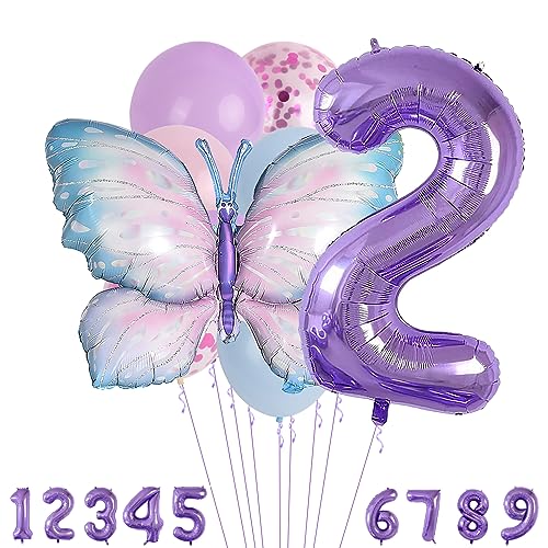 2 Jahre Set - Zahl Folienballon，Tiere Deko，Blau Lila Geburtstagsdeko Schmetterling Deko，Kindergeburtstag Party-Deko Zahl 2 Luftballon für Mädchen Jungen Geburtstags Festival Party Dekoration von Minicloss