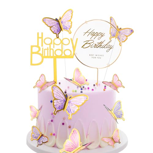 22 Stück Tortendeko Geburtstag Rosa Lila Schmetterlinge Torten Deko Mädchen 3D Dreidimensional Schmetterlinge Cake Topper Geburtstag Happy Birthday Tortendeko Kuchen Deko für Geburtstag Hochzeit Party von Minicloss