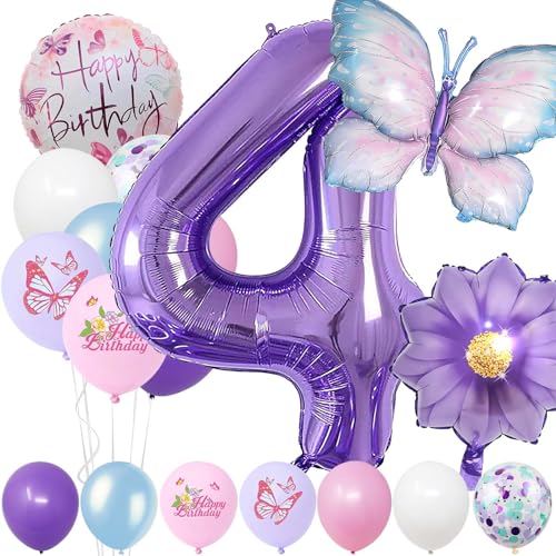 4 Jahre Set - Zahl Folienballon，22 Stück Blau Lila Geburtstagsdeko，Schmetterling Blumen Ballon，Kindergeburtstag Party Deko Zahl 4 Luftballon für Mädchen Jungen Geburtstags Festival Party Dekoration von Minicloss
