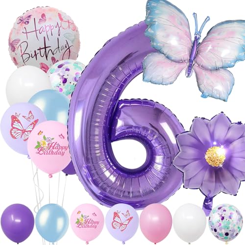 6 Jahre Set - Zahl Folienballon，22 Stück Blau Lila Geburtstagsdeko，Schmetterling Blumen Ballon，Kindergeburtstag Party Deko Zahl 6 Luftballon für Mädchen Jungen Geburtstags Festival Party Dekoration von Minicloss