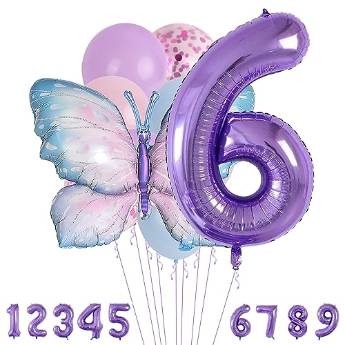 6 Jahre Set - Zahl Folienballon，Tiere Deko，Blau Lila Geburtstagsdeko Schmetterling Deko，Kindergeburtstag Party-Deko Zahl 6 Luftballon für Mädchen Jungen Geburtstags Festival Party Dekoration von Minicloss
