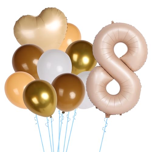 8 Jahre Set - Zahl Folienballon,Kindergeburtstag Party-Deko Zahl 8 Luftballon,Hellbraun Folienballon Herzballon Deko mit 8 Latexballons für Mädchen Jungen Geburtstags Festival Party Dekoration von Minicloss