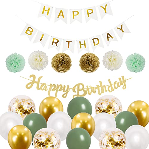 Luftballons Geburtstag Deko für Mädchen und Männer - Goldgrün Party Set mit Girlande, Happy Birthday Banner und Papier Pompons (Blumenzwiebelset in Gold und Grün) von Minicloss