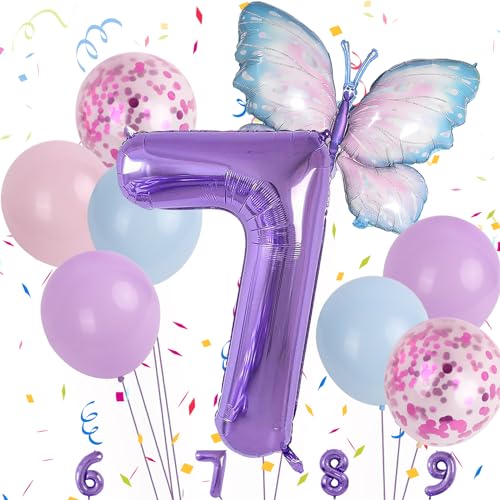 Minicloss Blau Lila Schmetterling Luftballon 7. Geburtstag Deko für Kindertag Party - Jungen Mädchen Themen Dekoration von Minicloss