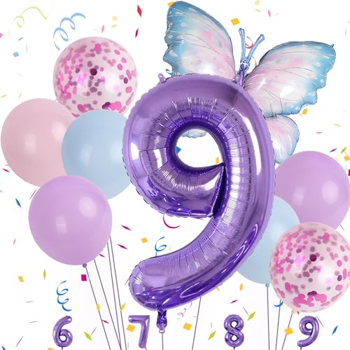 Minicloss Blau Lila Schmetterling Luftballon 9. Geburtstag Deko für Kindertag Party Dekoration Jungen Mädchen Themen Party von Minicloss