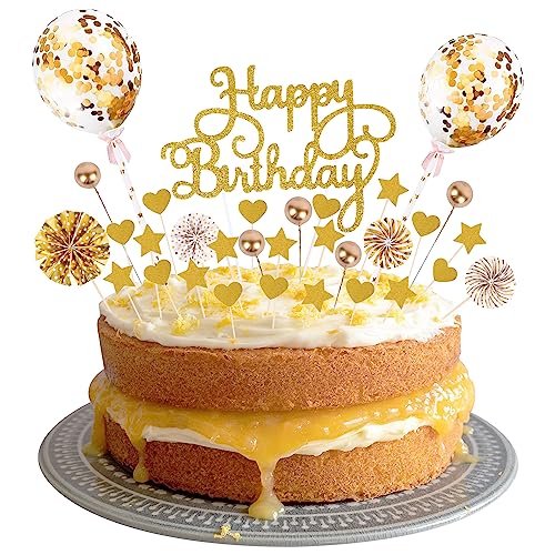 Tortendeko Gold Kuchendeko Geburtstag Mädchen Happy Birthday Cake Topper Sterne Herz Papierfächer Konfetti Luftballons Cupcake Torten Deko für Geburtstag Junge Mädchen von Minicloss