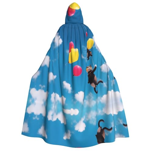 Miniks Bedruckter Kapuzenumhang mit Katzen und Luftballons, Weihnachten, Halloween, Cosplay, Kostüm für Erwachsene, Katzen und Luftballons, Einheitsgröße von Miniks