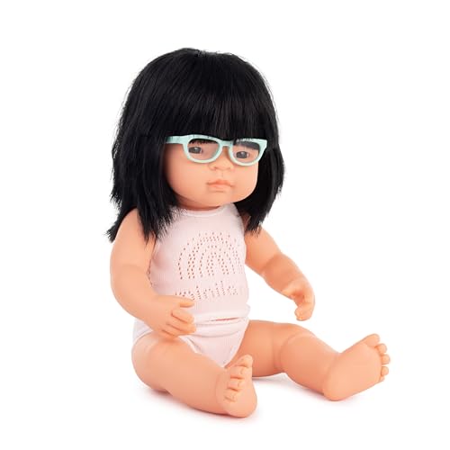 Miniland - Asiatische Babypuppe mit Brille 38 cm in Geschenkbox, mit Unterwäsche (31113), Weiß von Miniland
